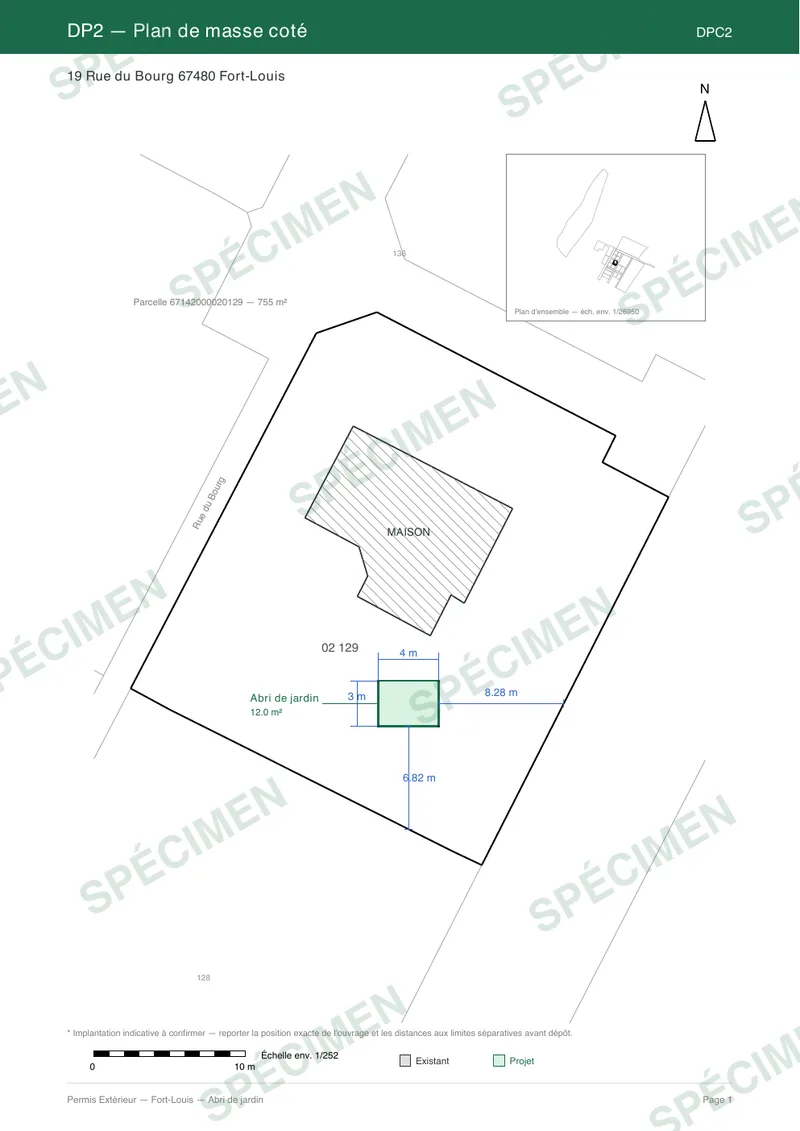Spécimen abri de jardin — Plan de masse coté (DPC2)