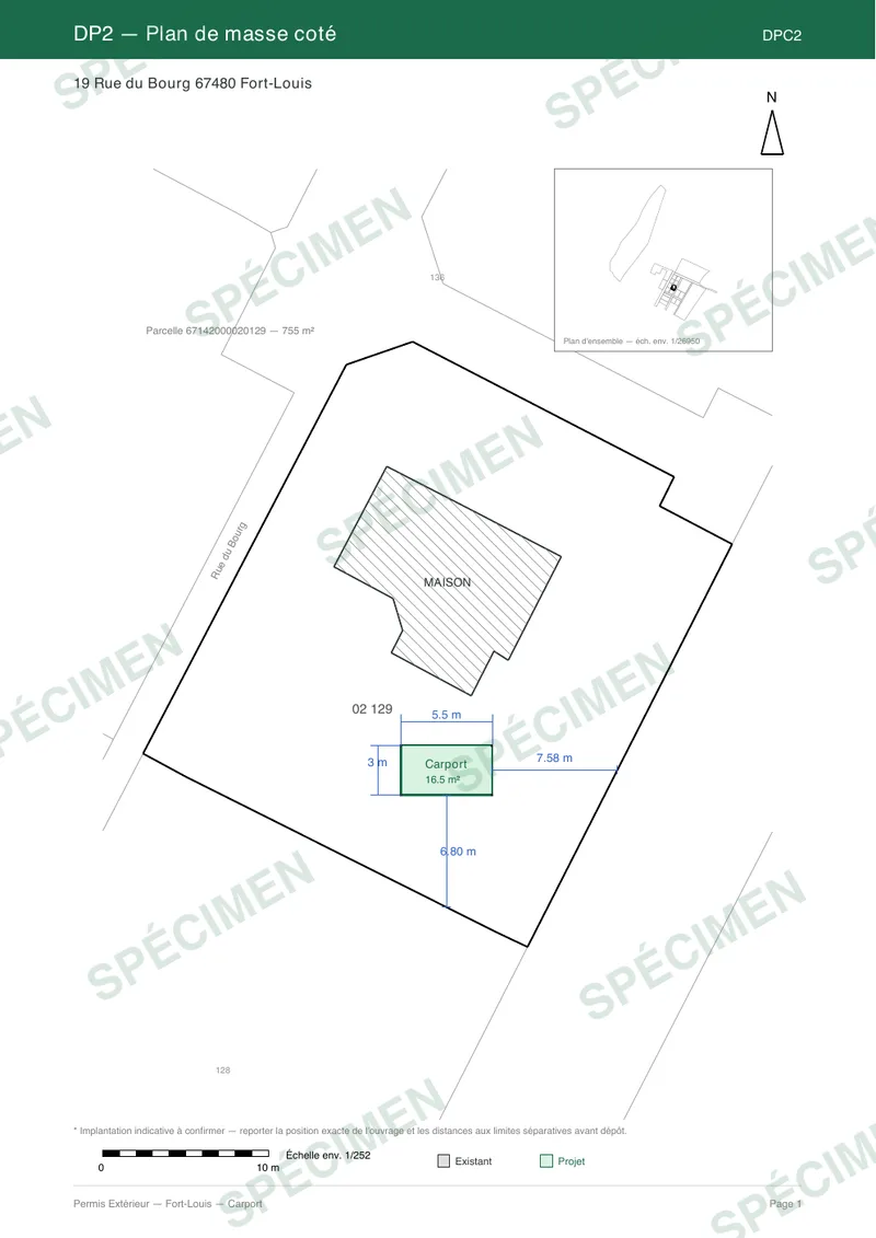 Spécimen carport — Plan de masse coté (DPC2)