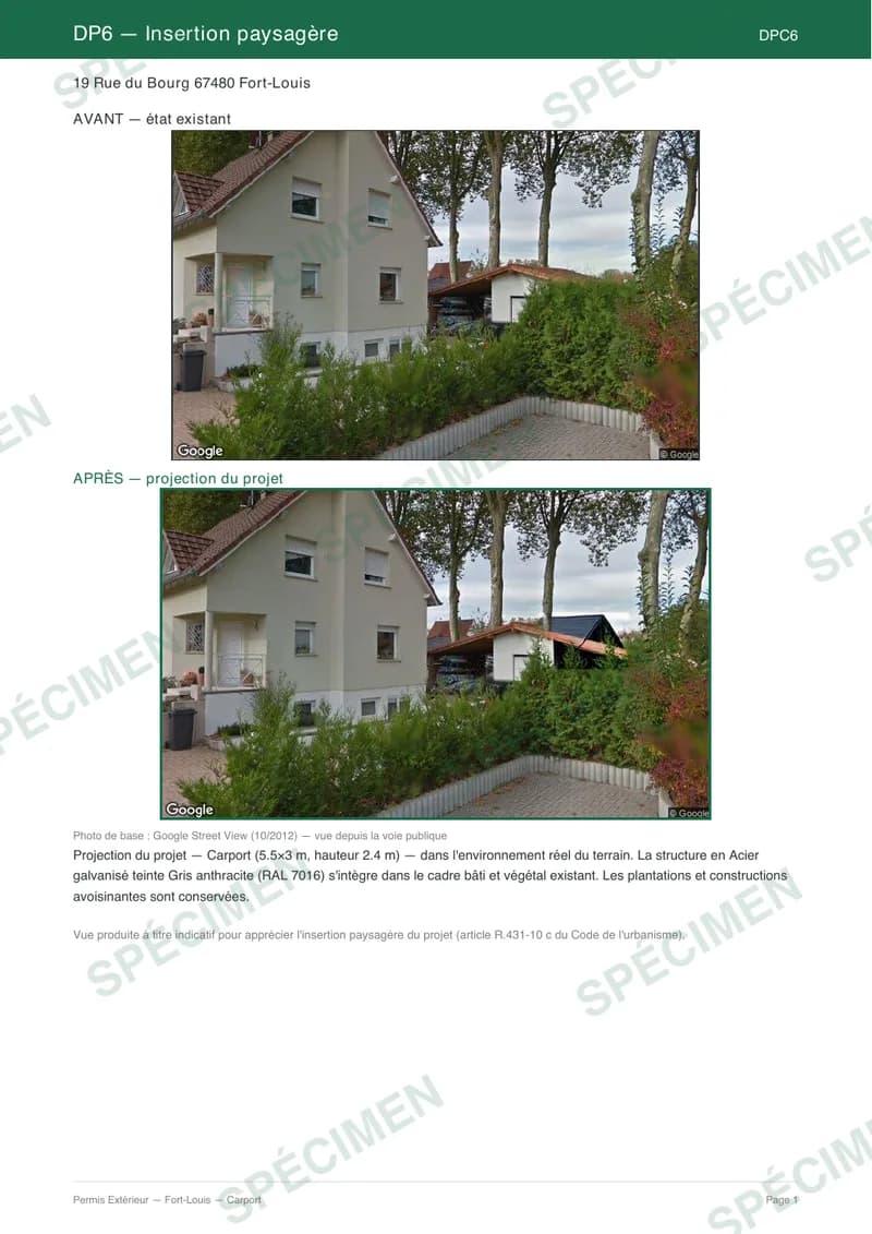 Spécimen carport — Insertion paysagère avant / après (DPC6)
