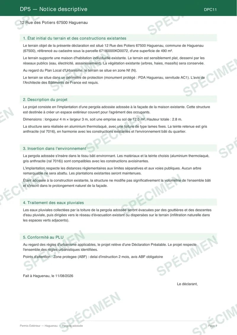 Spécimen — Notice descriptive (DPC5)