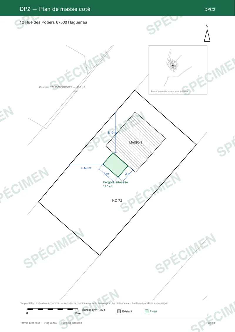 Spécimen pergola — Plan de masse coté (DPC2)